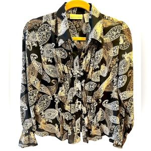 Apostrophe Paisley Design with Cream/Tan on Black Background Blouse. Size = 10.